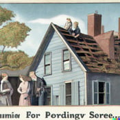 DALL·E 2023-03-08 10.39.40 - A postcard in the style of Homer Winslow selling roofing serives, showing a family and their home. The roof of the home has been damaged by a storm an