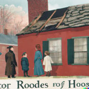 DALL·E 2023-03-08 10.39.45 - A postcard in the style of Homer Winslow selling roofing serives, showing a family and their home. The roof of the home has been damaged by a storm an