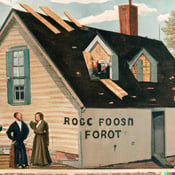 DALL·E 2023-03-08 10.39.53 - A postcard in the style of Homer Winslow selling roofing serives, showing a family and their home. The roof of the home has been damaged by a storm an